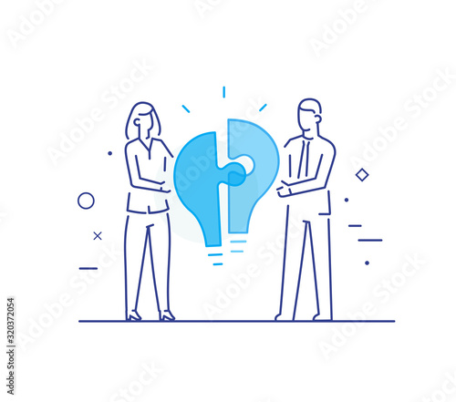 Businessmen connect puzzle lamp. Joint efforts, success, union, idea. Success Cooperation. line icon illustration
