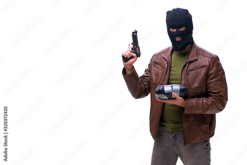 Robber wearing balaclava isolated on white background Robber wearing balaclava isolated on white background