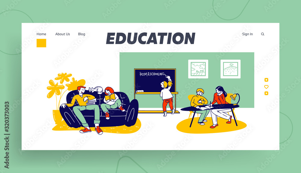 Homeschooling Website Landing Page. Children Getting Education at Home with Tutors or Parents in Relaxed Environment. Domestic Education Web Page Banner. Cartoon Flat Vector Illustration, Line Art Homeschooling Website Landing Page. Children Getting Education at Home with Tutors or Parents in Relaxed Environment. Domestic Education Web Page Banner. Cartoon Flat Vector Illustration, Line Art