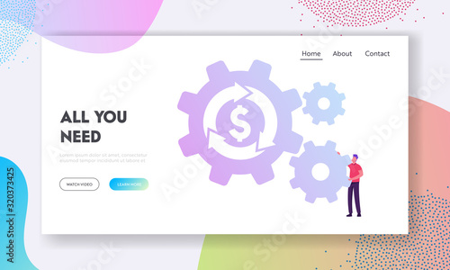 Currency Exchange, Return on Investment, Insurance, Loan Refinance Website Landing Page. Businessman Rolling Cogwheel with Dollar Sign and Loop Arrow Web Page Banner. Cartoon Flat Vector Illustration