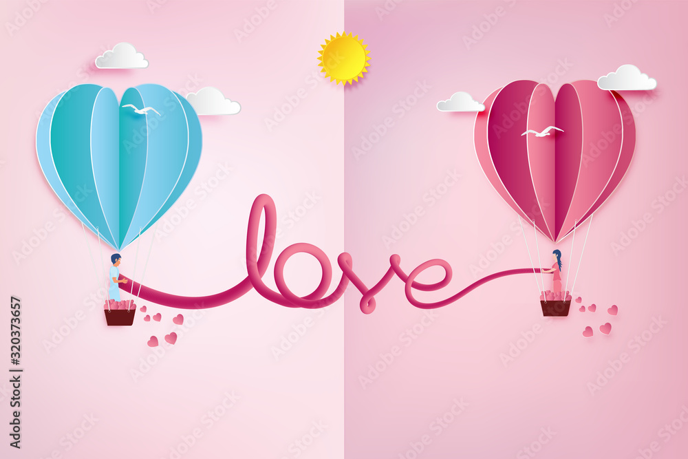 love Invitation card Valentine's day balloon heart on pink background with text love and young joyful,clouds,sun,paper cut pink heart.