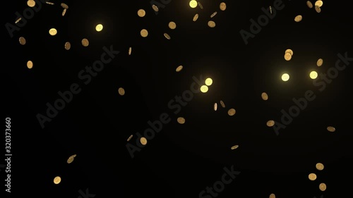 Glowing gold coins falling on a black background from the top of the frame 3D animation. photo