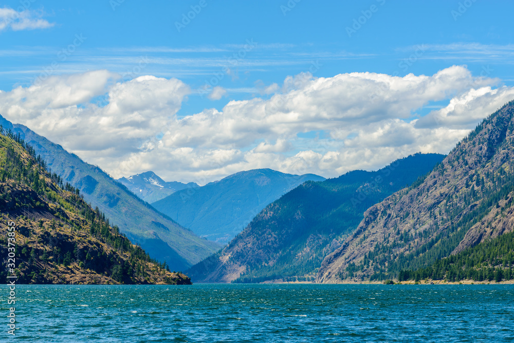Obraz premium Mountain landscape with blue Seton Lake in Coastal Mountains. Lillooet, British Columbia, Canada.
