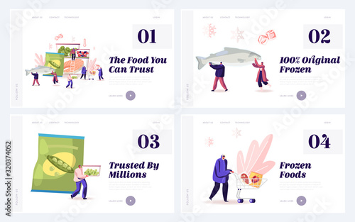 Frozen Food Website Landing Page Set. People Customers Buying Refrigerated and Healthy Eco Products and Fortified Nutrition Products in Supermarket Web Page Banner. Cartoon Flat Vector Illustration