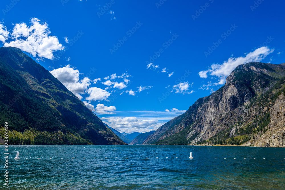 Mountain landscape with blue Seton Lake in Coastal Mountains. Lillooet, British Columbia, Canada.