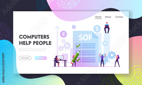 Sop, Standard Operating Procedure Website Landing Page. People Writing Step-by-step Instructions to Help Workers Carry Out Complex Routine Operations Web Page Banner. Cartoon Flat Vector Illustration