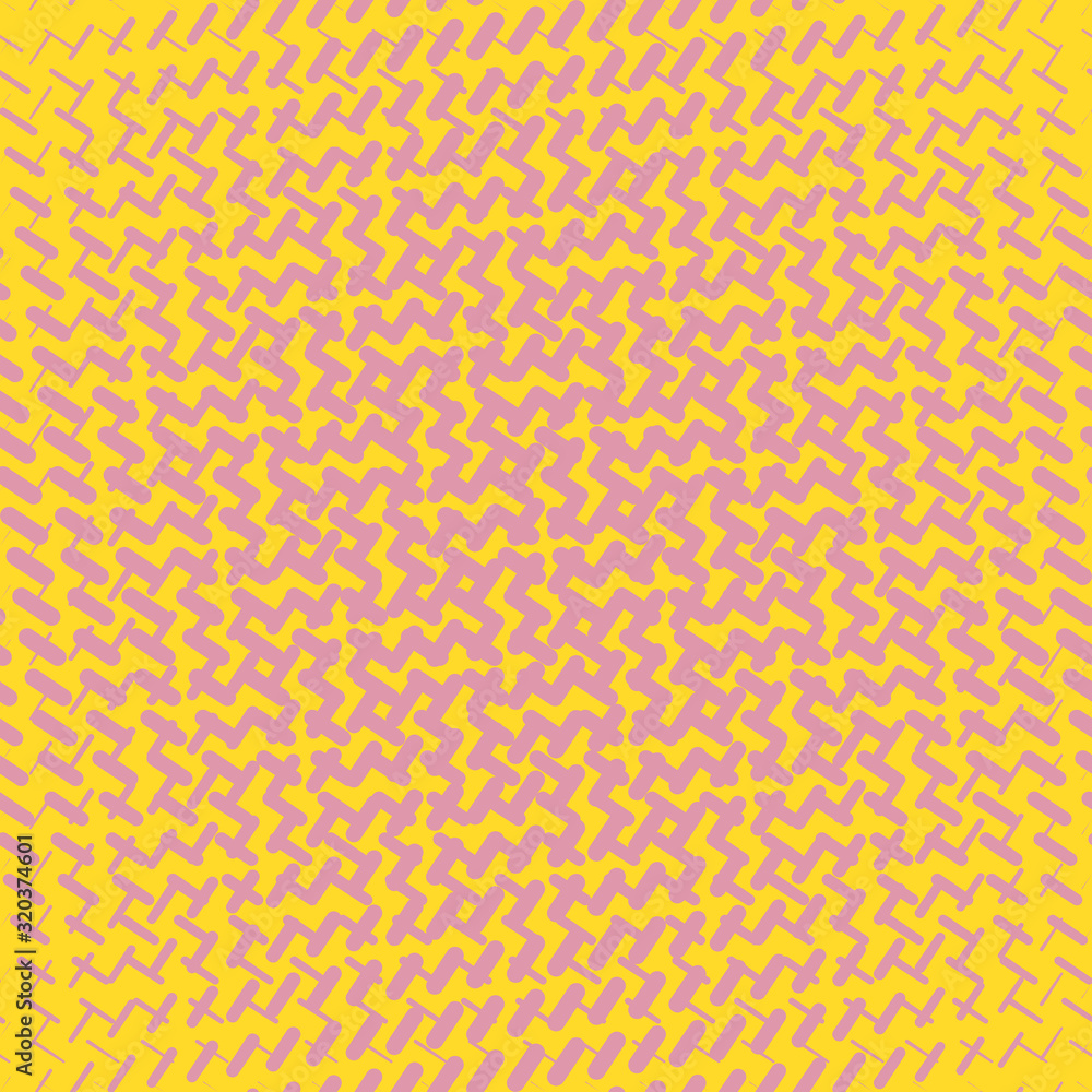 Vector geometric halftone seamless pattern with diagonal dash lines, crossing shapes, mesh. Summer style abstract background in bright colors, pink and yellow. Modern sportive design. Stylish texture Vector geometric halftone seamless pattern with diagonal dash lines, crossing shapes, mesh. Summer style abstract background in bright colors, pink and yellow. Modern sportive design. Stylish texture