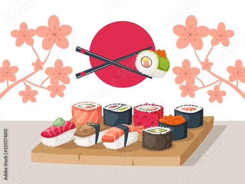 Sushi restaurant serving, vector illustration. Asian food menu cover, sushi delivery advertisement booklet, Japanese seafood brochure. Different kinds rolls of rice and raw fish, traditional cuisine