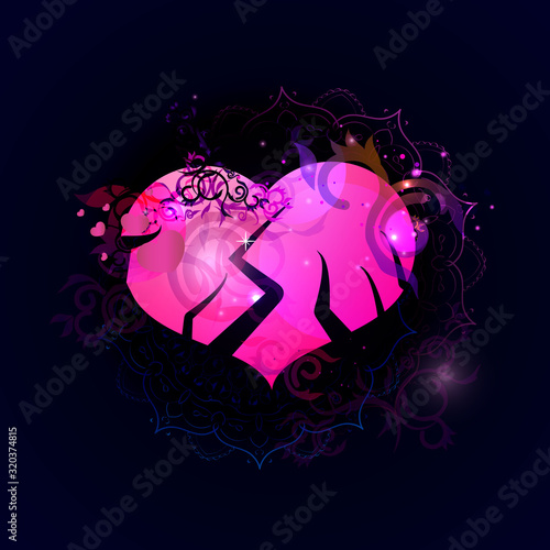 Broken heart on a black background, resentment divorce.