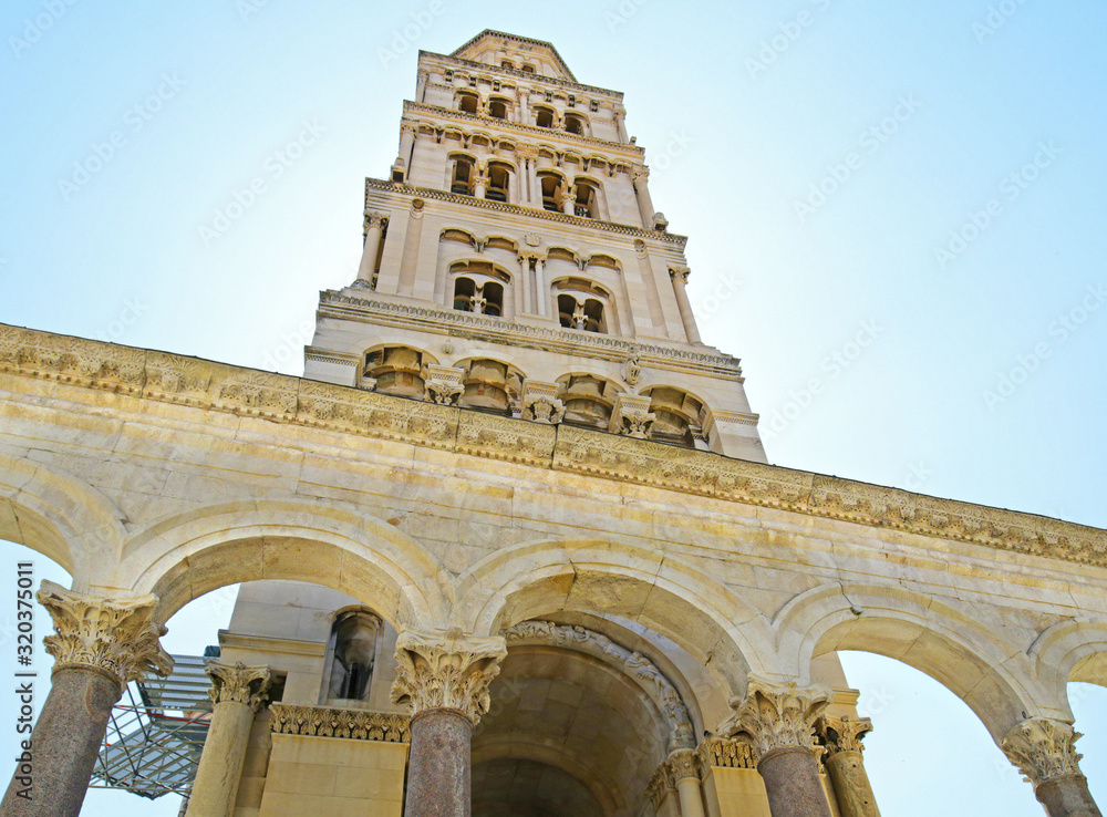 Tower of the Cathedral of Saint Domnius and ancient Arches at  Diocletian's Palace. Split, Croatia