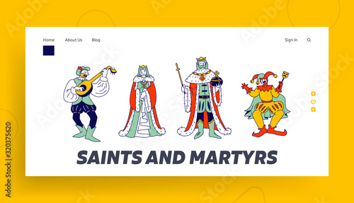 Medieval Historical or Fairy Tale Characters Website Landing Page. Royal Family Members King and Queen Couple, Bard Minstrel and Buffoon Web Page Banner. Cartoon Flat Vector Illustration, Line Art