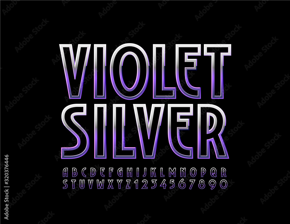 Vector Silver and Violet Font. Elegant Glossy Alphabet Letters and Numbers.