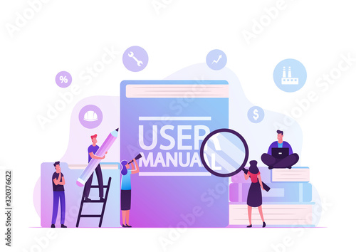 User Manual Concept. People with Some Office Stuff Discussing Content of Guide. Requirements Specifications Document. People Read Book with Instructions for Equipment. Cartoon Flat Vector Illustration