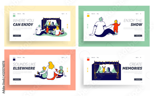 Parents with Children Watching Puppet Show Website Landing Page Set. Father, Mother and Little Kids Sitting front of Stage during Performance Web Page Banner. Cartoon Flat Vector Illustration Line Art