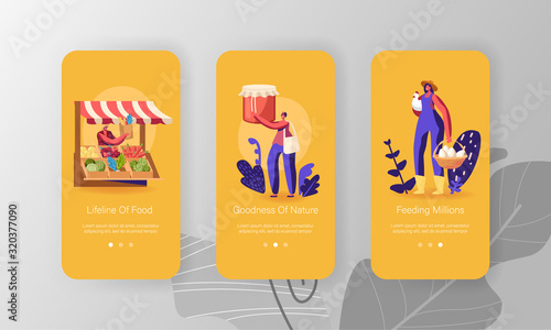 Farmer Market Mobile App Page Onboard Screen Set. Male and Female Characters Buy Fresh Healthy Tasty and Organic Seasonal Farm Food Concept for Website or Web Page, Cartoon Flat Vector Illustration