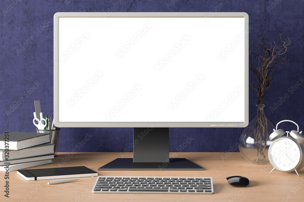 Workspace with blank computer monitor white screen mock up on the wooden desk near blue wall. monitor; screen; computer; mock up; Workspace with blank computer monitor white screen mock up on the wooden desk near blue wall. monitor; screen; computer; mock up;