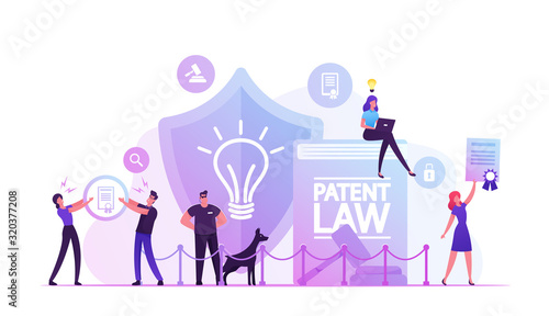 Patent Law Concept. People Protecting their Rights for Authorship and Creation of Different Mental Products. Safeguard with Dog Stand near Huge Shield with Lamp Icon Cartoon Flat Vector Illustration