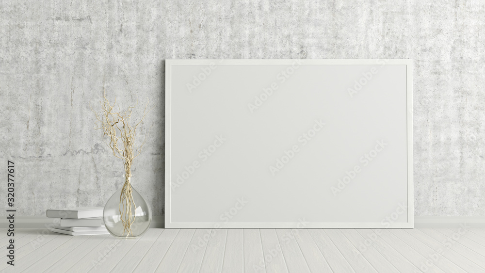 Blank horizontal poster frame mock up standing on white floor next to concrete wall with vase and books. Clipping path around poster. 3d illustration - obrazy, fototapety, plakaty 