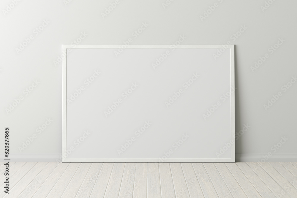 Blank horizontal poster frame mock up standing on white floor next to white wall. Clipping path around poster. 3d illustration - obrazy, fototapety, plakaty 