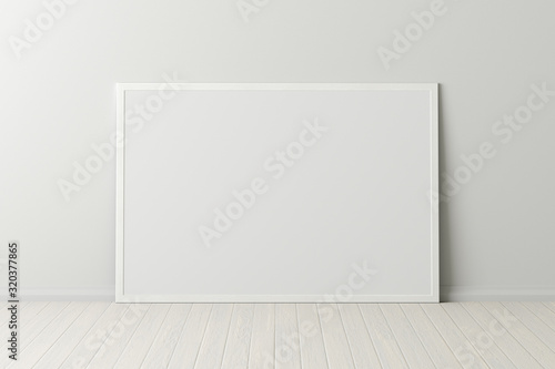 Blank horizontal poster frame mock up standing on white floor next to white wall. Clipping path around poster. 3d illustration