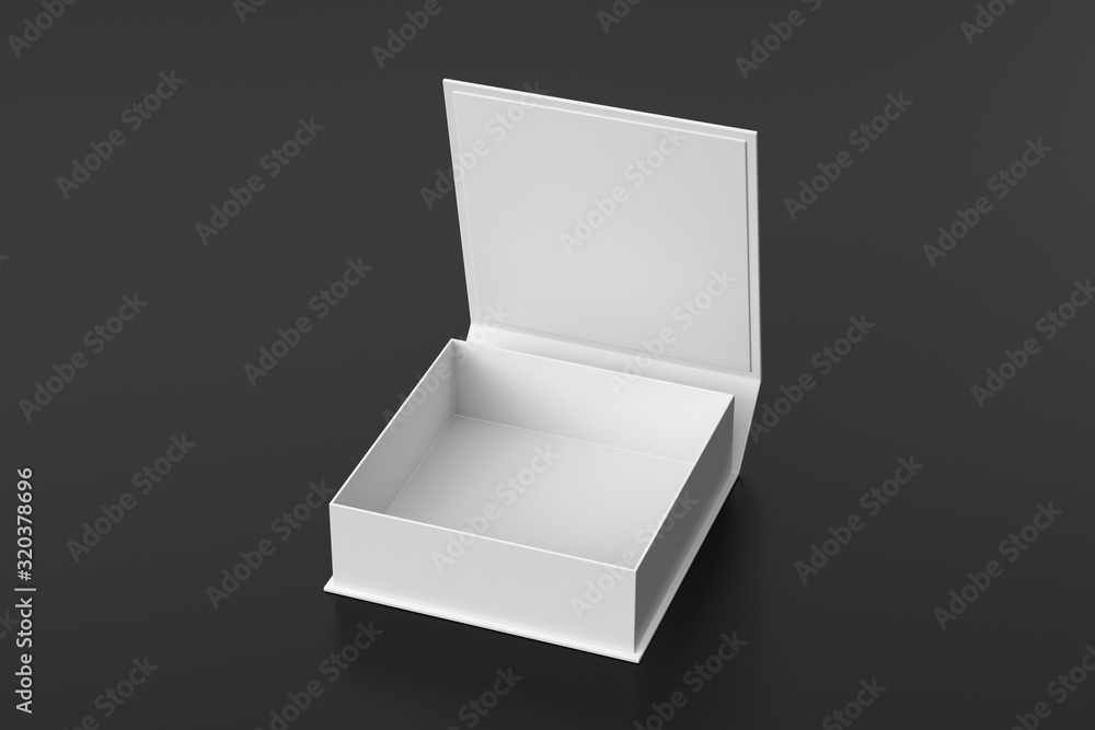 Blank white flat square gift box with opened hinged flap lid on black background. Clipping path around box mock up. 3d illustration Blank white flat square gift box with opened hinged flap lid on black background. Clipping path around box mock up. 3d illustration