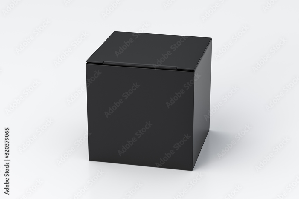 Blank black cube gift box with closed hinged flap lid on white background. Clipping path around box mock up. 3d illustration Blank black cube gift box with closed hinged flap lid on white background. Clipping path around box mock up. 3d illustration