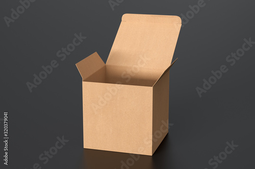 Leinwand Poster Blank cardboard cube gift box with opened hinged flap lid on black background