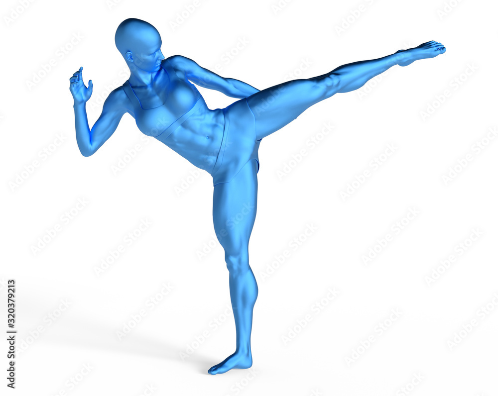 Woman doing high kick boxing workout. Generic blue figure, isolated on white. 3D rendering. Woman doing high kick boxing workout. Generic blue figure, isolated on white. 3D rendering.