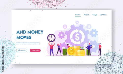 Debt or Mortgage Refinance Website Landing Page. Tiny People around Dollar Sign in Loop Arrow Growing Plant on Golden Coins and Moving Huge Cogwheels Web Page Banner. Cartoon Flat Vector Illustration