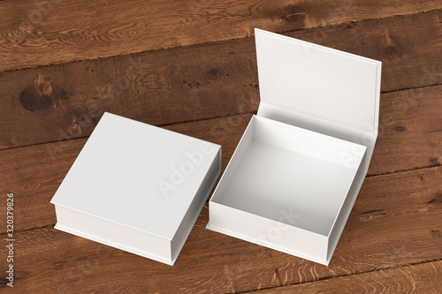 Blank white flat square gift box with open and closed hinged flap lid on dark wooden background. Clipping path around box mock up. 3d illustration photo