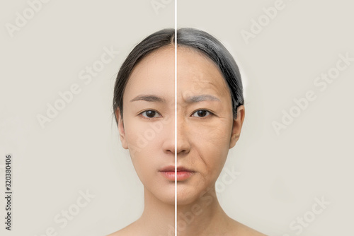 The concept of aging. Comparison of young and old. portrait of an Asian woman. beauty treatments and lifting. Before and after the concept. Youth, old age. Aging and rejuvenation process