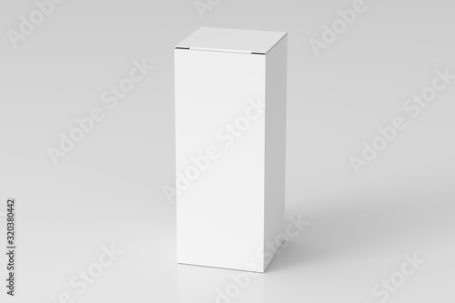 Blank white tall and slim gift box with closed hinged flap lid on white background. Clipping path around box mock up. 3d illustration