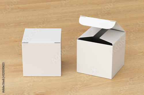 Blank white cube gift box with open and closed hinged flap lid on wooden background. Clipping path around box mock up. 3d illustration