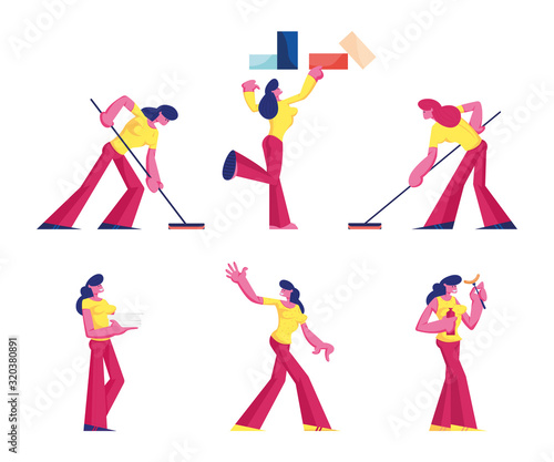 Set of Women in Life Situations, Sportswomen Playing Curling, Girl Choose Boxes on Shelf, Carry Papers, Eating Sausage Female Characters Isolated on White Background Cartoon Flat Vector Illustration