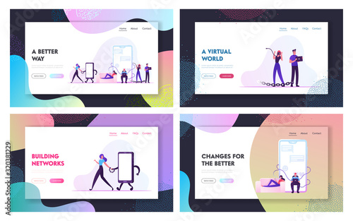 Internet Addiction, People Living in Virtual World Website Landing Page Set. Men and Women Having Gadgets Dependency Bind to Devices with Metal Chain Web Page Banner. Cartoon Flat Vector Illustration