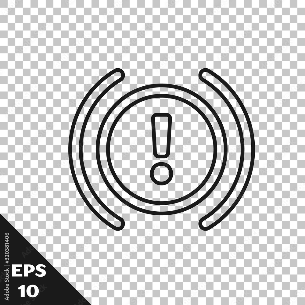 Black line Brake system warning icon isolated on transparent background. Exclamation mark in the