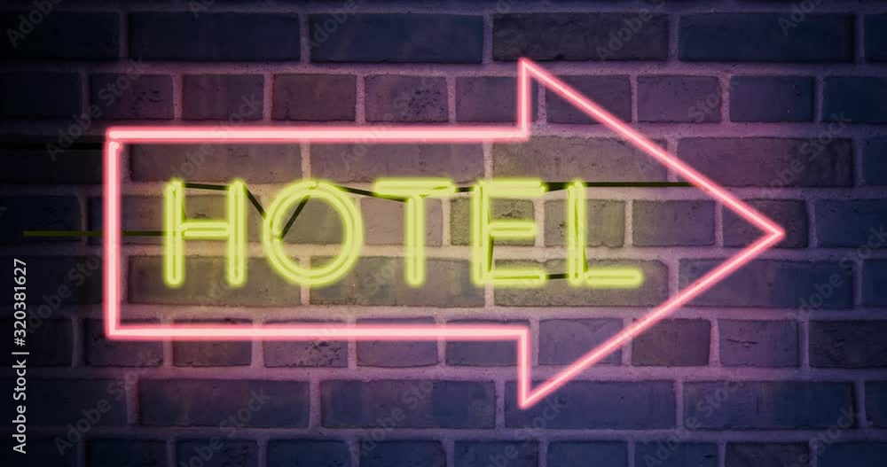 Hotel neon sign above guest house room. Accommodation available in resort or holiday lodge - 4k Hotel neon sign above guest house room. Accommodation available in resort or holiday lodge - 4k