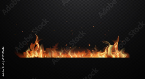 Realistic fire flames on transparent black background. Flat design vector illustration