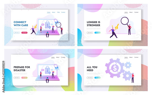 People Try to Memorize Password, Loan Refinance Website Landing Page Set. Happy Person Run with Key Remember Pin Code for Account, Debt Restructuring Web Page Banner. Cartoon Flat Vector Illustration