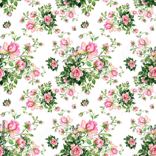 Watercolor seamless pattern bouquet of roses in bud