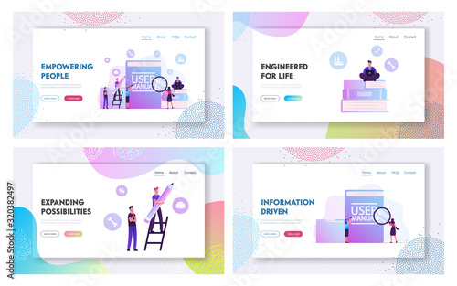 User Manual Instructions or Guidance Booklet Website Landing Page Set. Customer Support Center, People Writing Requirements Specifications Documents Web Page Banner. Cartoon Flat Vector Illustration