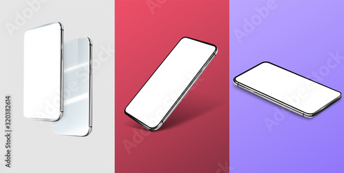 Three mobile phone layouts, in different positions. Modern phone positions and trending color backgrounds (Red, white, blue). Well suited for your presentations and mockups. 3D. Vector illustration