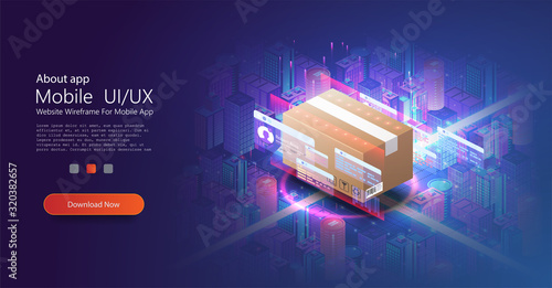 The concept of automatic logistics management. Cardboard box. Futuristic Warehouse equipment, parcel scanning, automatic dispatch. Logistics business. Delivery. Innovative smart city neon isometric 