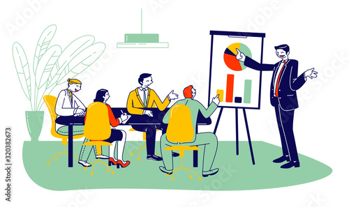 Company Leader, Business Coach, Executive Manager Pointing on Flip Chart Graph, Explaining Company Strategy and Financial Indicators on Meeting with Employees Cartoon Flat Vector Illustration Line Art