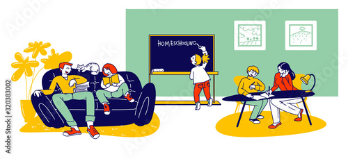 Homeschooling Concept. Children Getting Education at Home with Tutors or Parents in Relaxed Comfortable Environment. Domestic Education Plan for Pupils. Cartoon Flat Vector Illustration, Line Art