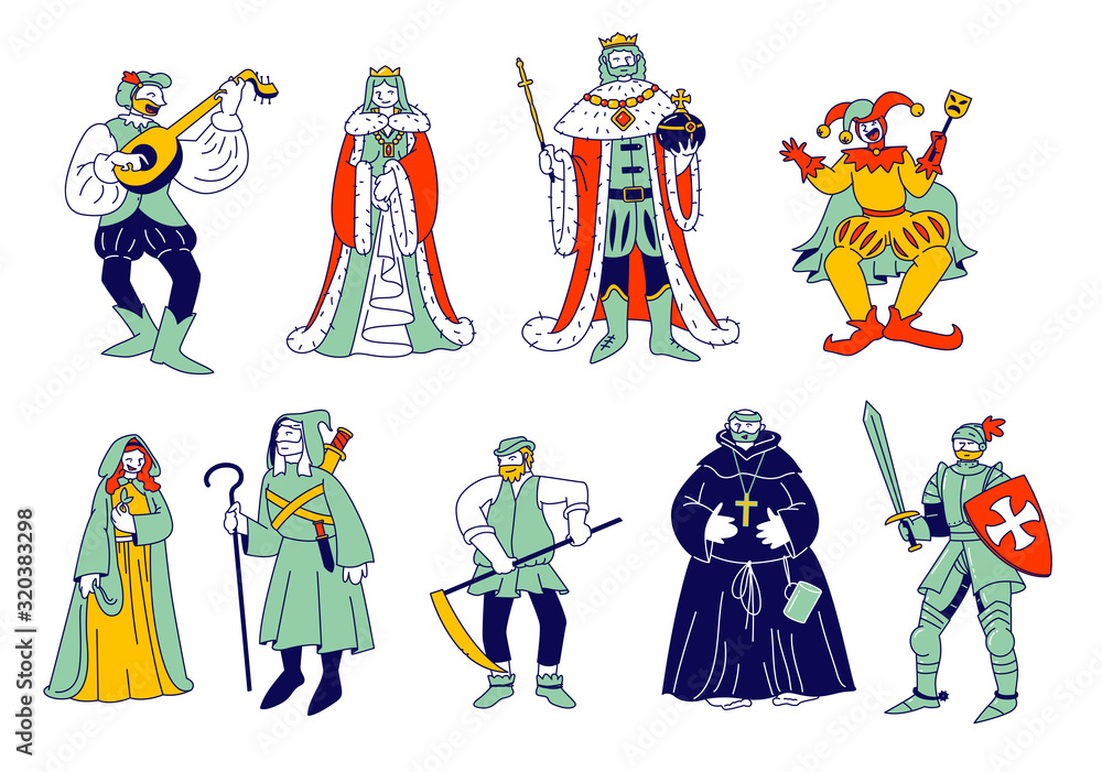Set of Medieval Historical Characters. Royal Queen and King, Monk Bard Singer Knight, Peasant in Historic Costumes Fairytale Ancient Heroes Isolated on White Cartoon Flat Vector Illustration, Line Art