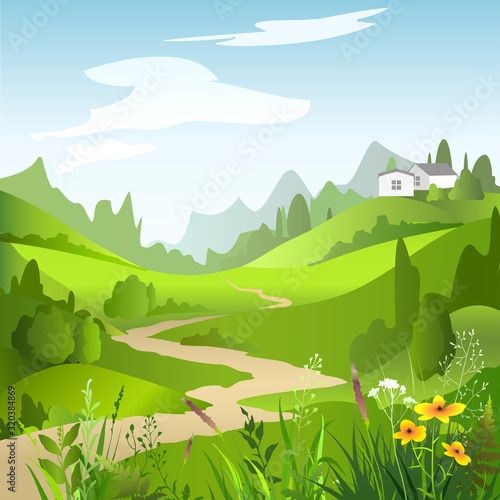 Cartoon summer abstract landscape with green fields, trees and house, beautiful rural nature. Vector Illustration.
