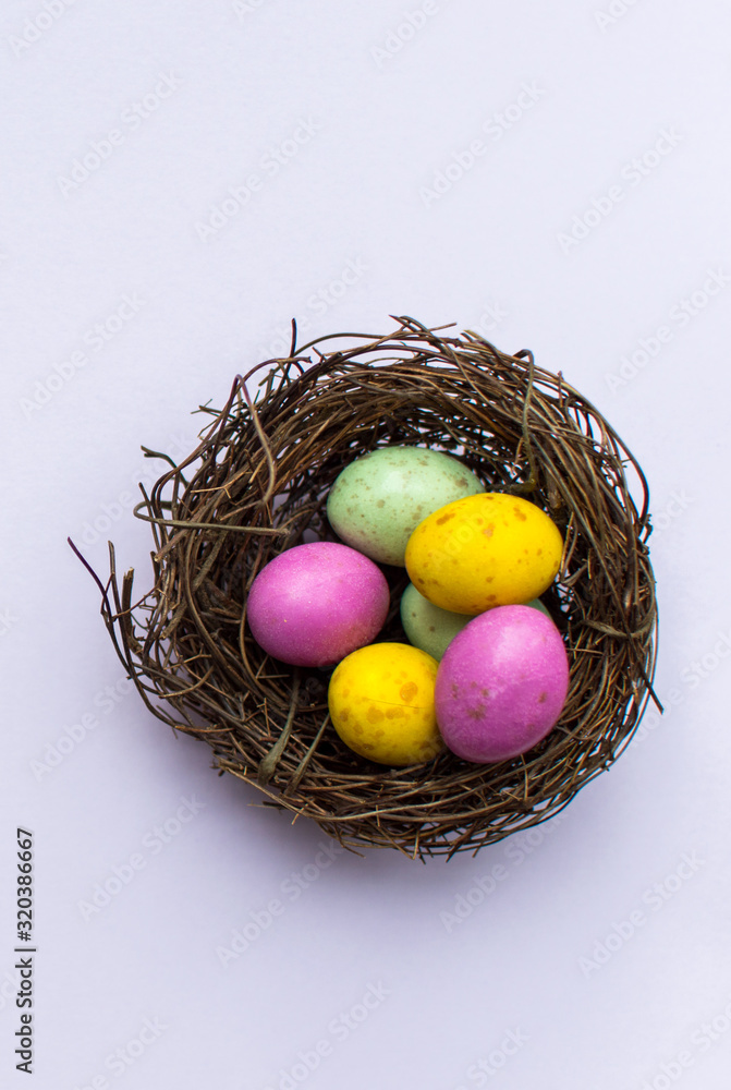 Multi colored eggs in a nest structure on a purple background Multi colored eggs in a nest structure on a purple background