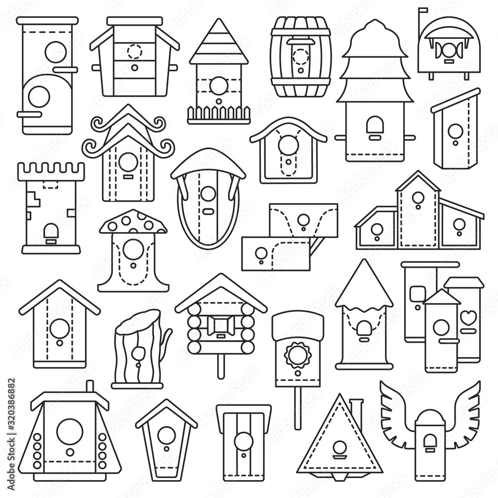 Birdhouse vector outline set icon.Vector illustration garden nest on white background . Isolated outline set icon bird house.