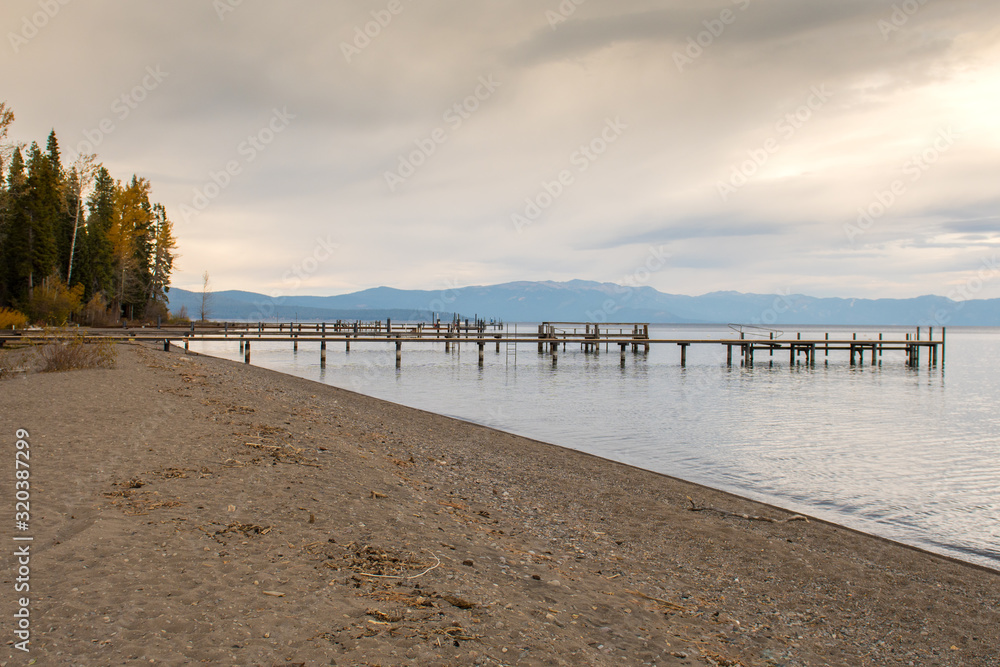 Sunset view of several piers in Lake Tahoe, Homewood